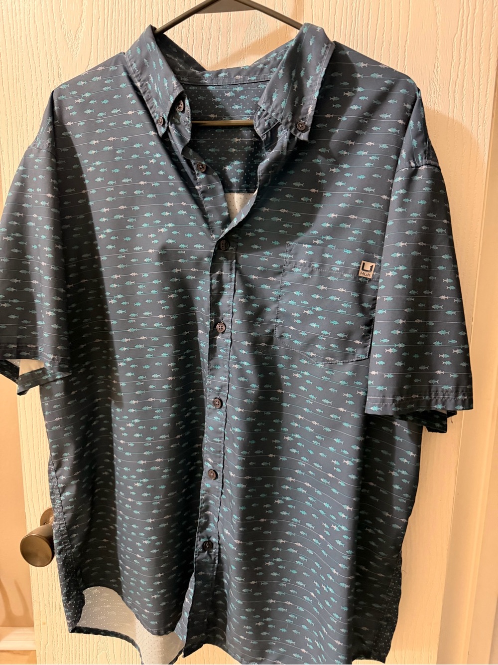 Huk Navy Button-Down Short Sleeve Shirt with Teal Fish Print